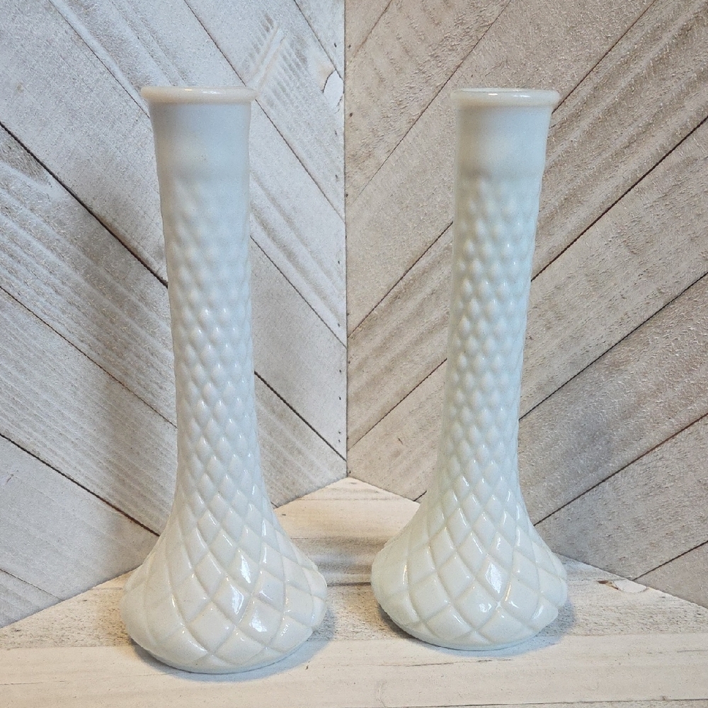 Set Of 2 Vintage Milk Glass Vases